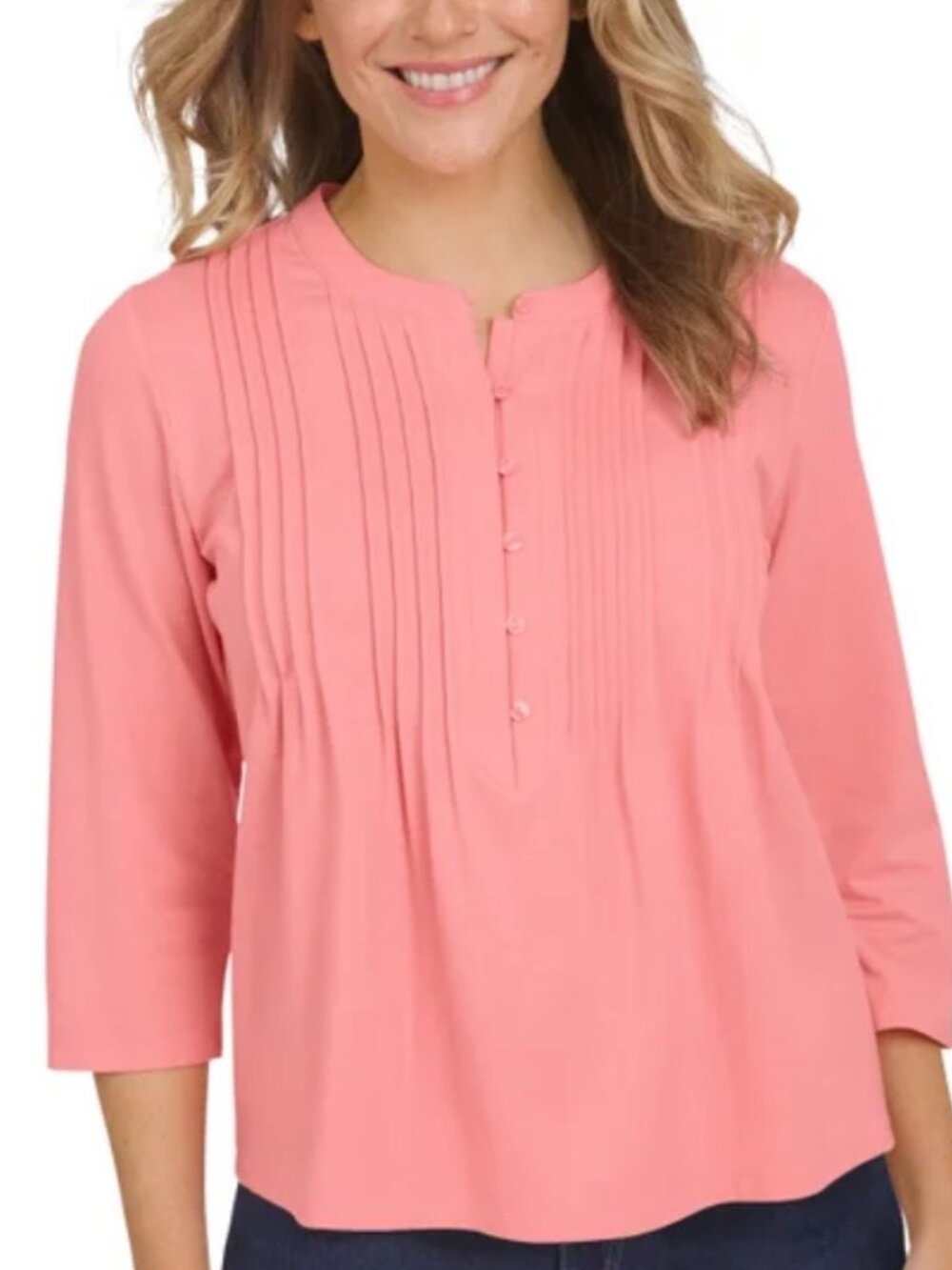 Lands' End Women's Pintuck 3/4 Sleeve Top Pink
